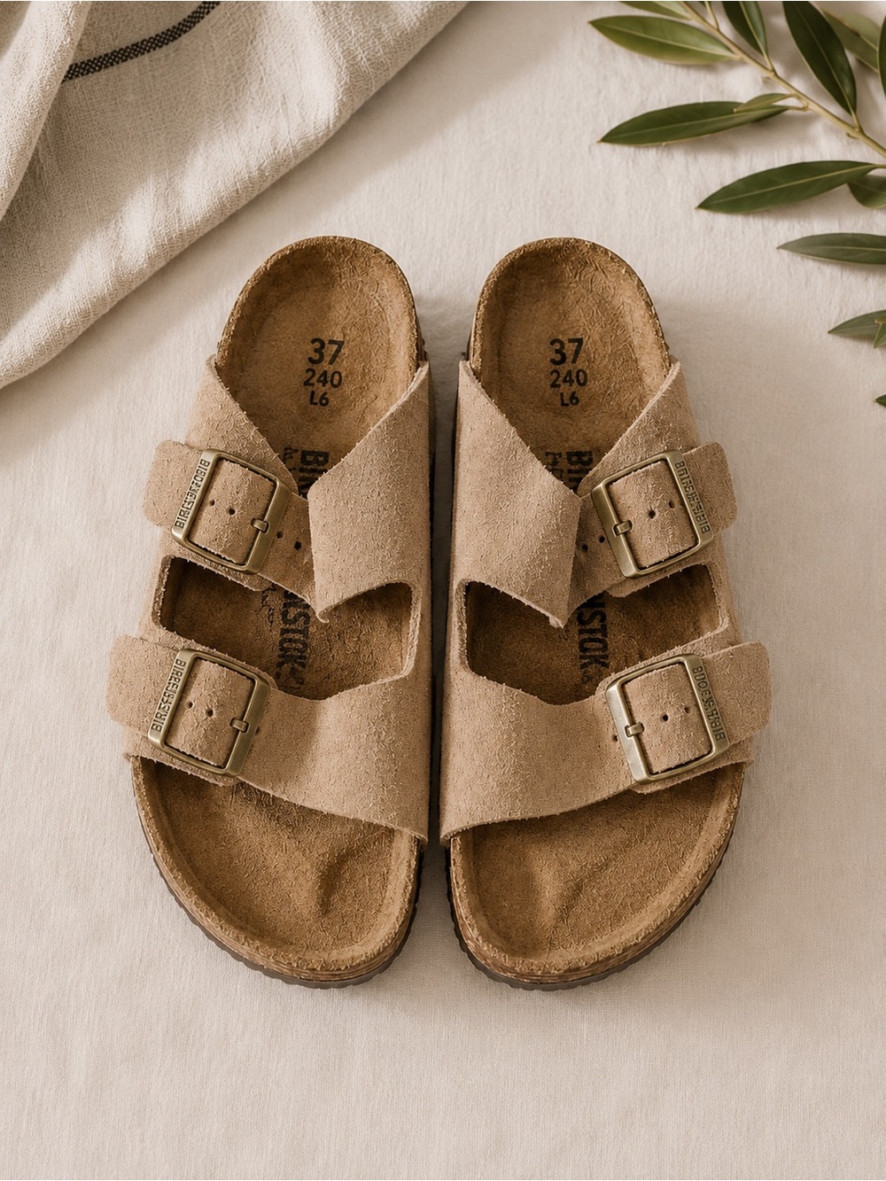 Birkenstock Two-Strap Suede Sandals in Taupe